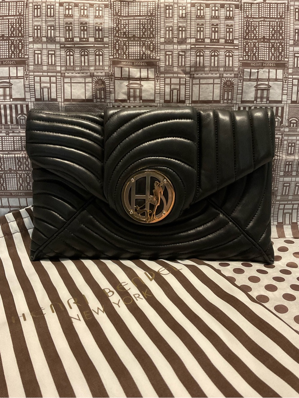 Henri Bendel No. 7 Quilted Leather Flap Clutch with Fuchsia Interior + Dust Bag